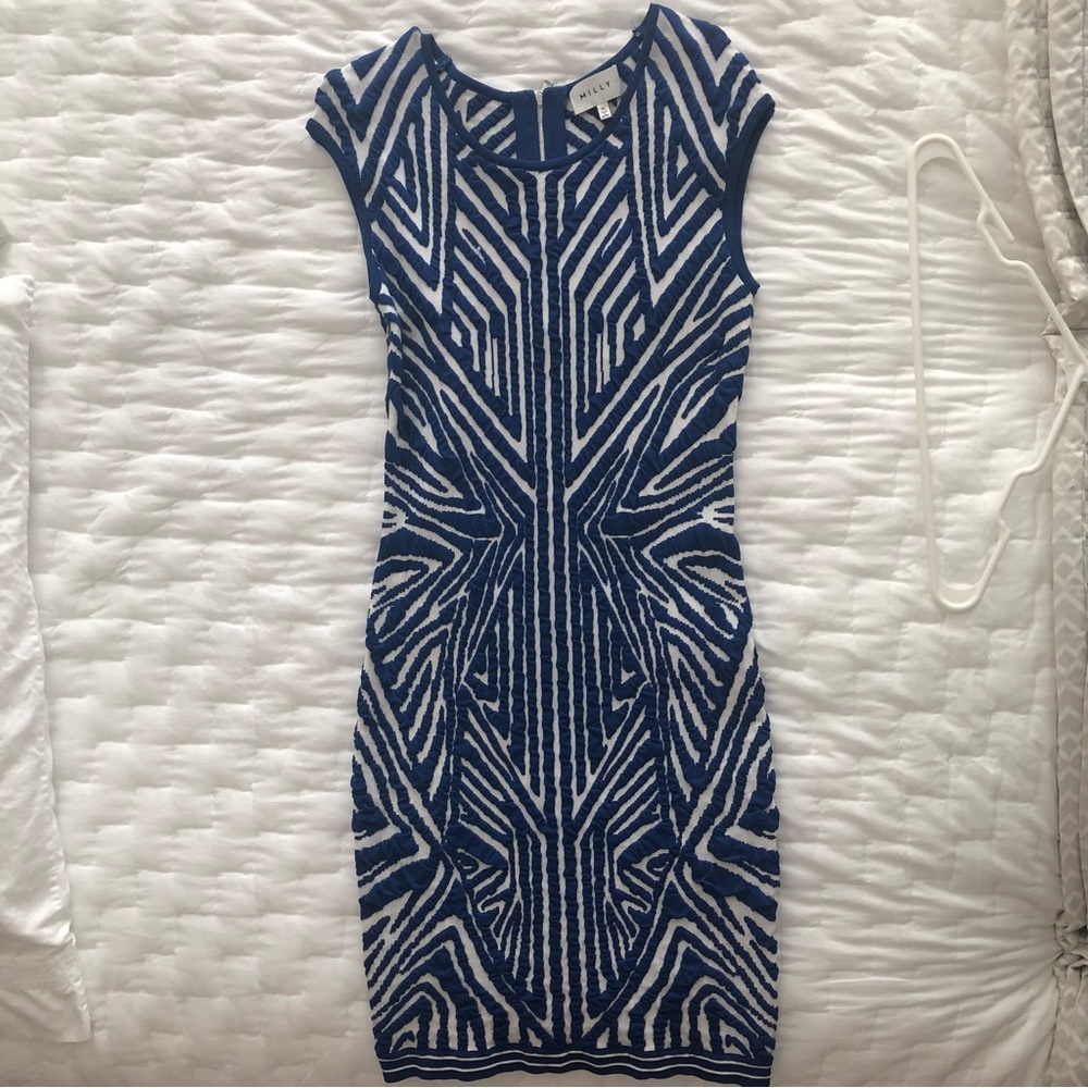 Milly blue & white geometric bodycon knit dress - Picture 4 of 5